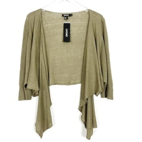 NWT DKNY Cardigan Women's M/L Olive Khaki Cropped 100% Linen Open-Front Sweater - Picture 12 of 12